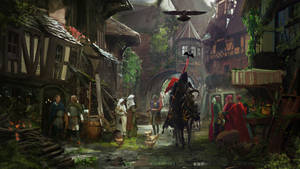 Medieval Town Village Horseman Wallpaper