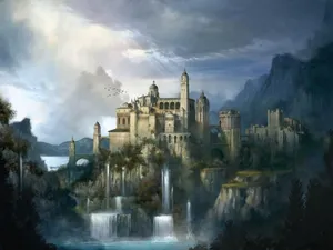 Medieval Waterfall Mountain Castle Wallpaper