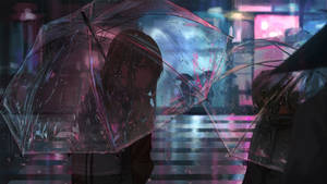 Melancholy Anime Girl Under Umbrella Wallpaper