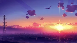 Mesmerizing Anime Aesthetic Sunset - Merging Fantasy With Reality Wallpaper