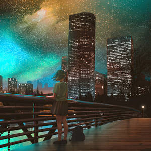 Mesmerizing Starry Anime Night Over A Bustling City Wallpaper