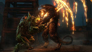 Middle Earth Shadow Of War Caragor Fighting Graug Wallpaper