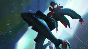 Miles Morales Shows His Superhero Agility By Jumping In The Rain Wallpaper