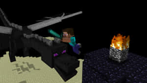 Minecraft Ender Dragon And Steve With Diamond Sword Wallpaper