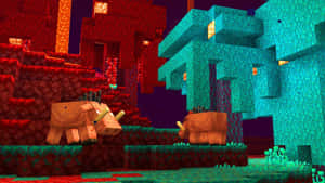 Minecraft_ Nether_ Striders_and_ Warped_ Forest Wallpaper