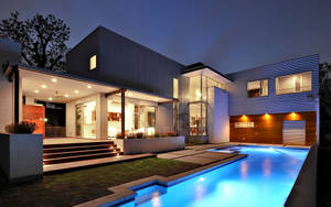 Modern House Luminescent Pool Wallpaper