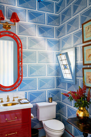 Modern Toilet Cubicle With Blue Tiles Interior Design Wallpaper