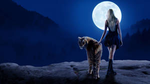 Moon 4k Blonde Girl And Tiger Wallpaper