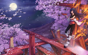 Moonlit Sakuraand Fire Mage Wallpaper