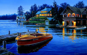 Moored Boat By The Lake Painting Wallpaper
