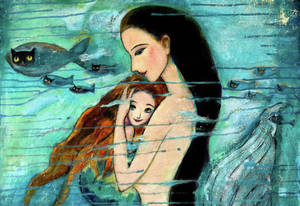 Mother Daughter Blue Painting Wallpaper