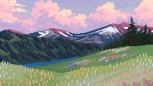 Mountains And Field In Aesthetic Pixel Art Wallpaper