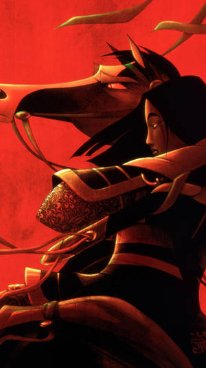 Mulan And Horse Dark Red Wallpaper