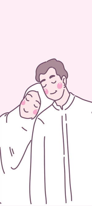 Muslim Couple Cartoon Pink And White Aesthetic Wallpaper