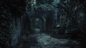 Mysterious_ Gothic_ Archway_ Night_ Scene.jpg Wallpaper