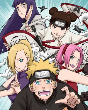 Naruto Uzumaki Posing With Iconic Female Characters From The Naruto Series Wallpaper