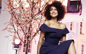 Nathalie Emmanuel In Blue Dress Wallpaper