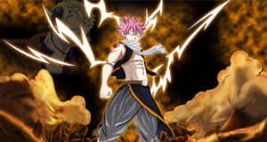 Natsu Dragneel Posing With Clenched Fists In Front Of A Fiery Background Wallpaper