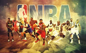 Nba Stars Kevin Durant, Stephen Curry And Lebron James Raise The Championship Trophy. Wallpaper