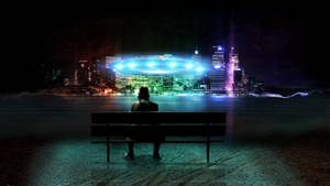 Neon City Skyline And Ufo Wallpaper
