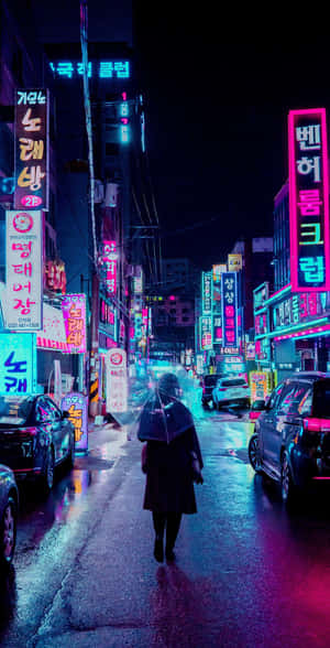 Neon Drenched Rainy Street Wallpaper