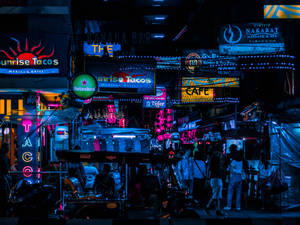 Neon Lights Night Market Wallpaper