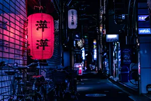 Neon Lit Japanese Alleyway At Night Wallpaper