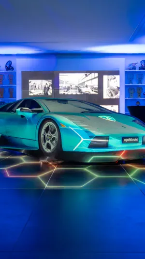 Neon Lit Lamborghini Showroom Wallpaper