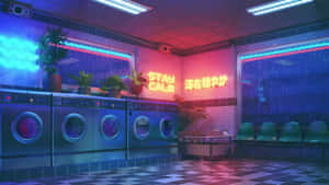 Neon Lit Laundromat Night Scene Wallpaper
