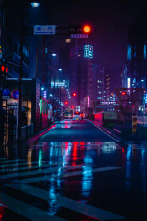 Neon Night Rainy Street Wallpaper