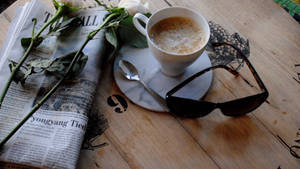 Newspaper White Roses Coffee Wallpaper