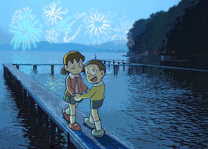 Nobita Shizuka Love Story Near Water Wallpaper