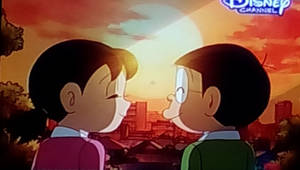 Nobita Shizuka Love Story Sunset Sky Wallpaper