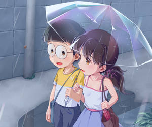 Nobita Shizuka Love Story While Raining Wallpaper