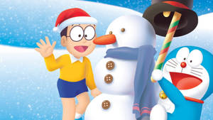 Nobita With Doraemon And A Snowman Wallpaper