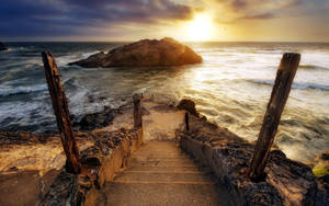 Ocean Stairs Sunset Wallpaper