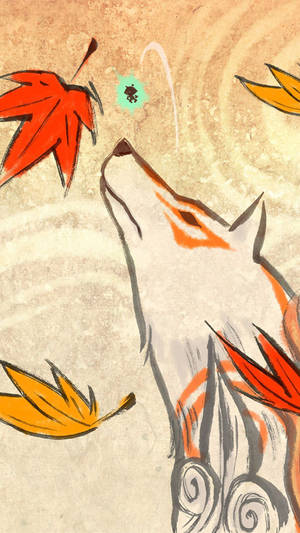 Okami And Fall Leaves Phone Wallpaper