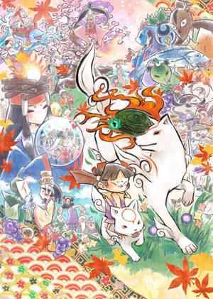 Okami With Kami Characters Wallpaper