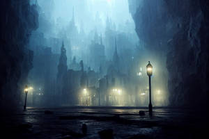 Ominous Foggy Village In The Night Wallpaper