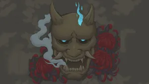 Oni Mask Red Peonies Wallpaper