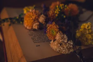 Open Book With Flowers Dark Academia Desktop Wallpaper