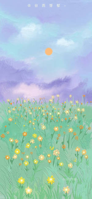 Orange Floral Field Under Purple Sky Wallpaper