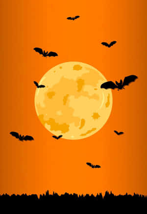 Orange Halloween Bats And Full Moon Wallpaper