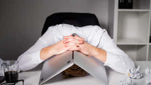 Overwhelmed Man Concealing Himself Under Laptop Wallpaper