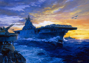 Painting Of A U S Navy Ship At Sunrise Wallpaper
