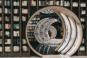Panoramic View Of Round Bookshelf In Library Wallpaper