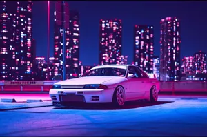 Parked Car And Neon Lights Wallpaper