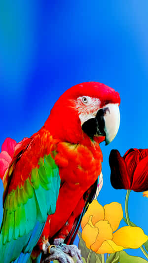 Parrot Among Drawn Flowers Wallpaper