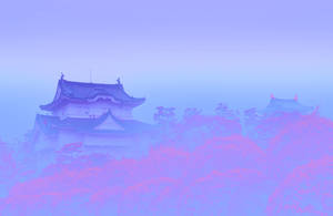 Pastel Japanese Aesthetic Of A Foggy Mansion Wallpaper