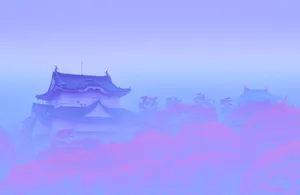 Pastel Japanese Aesthetic Of A Foggy Mansion Wallpaper